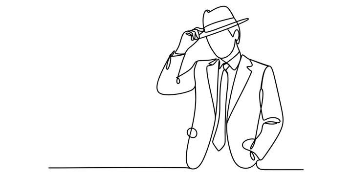 A single continuous line drawing of a mysterious man in a suit and hat tipping his brim respectfully