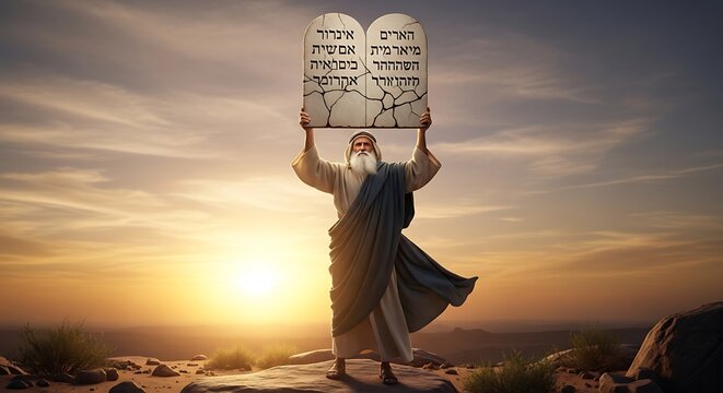 Aged man with beard holds stone tablets with ancient script, sunset sky