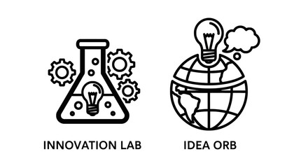 Fototapeta premium Innovation lab with flask and gears idea orb with lightbulb above globe innovation laboratory research development creativity brainstorming discovery