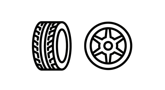 Tire and wheel icon set representing automotive parts and vehicle components with automobile component transport transportation mechanic illustration