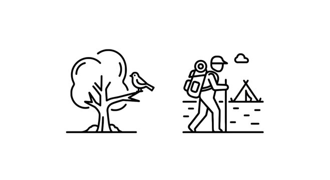 Bird on tree branch and hiker with backpack icon set backpack outdoors trekking adventure wildlife illustration lifestyle exploration silhouette