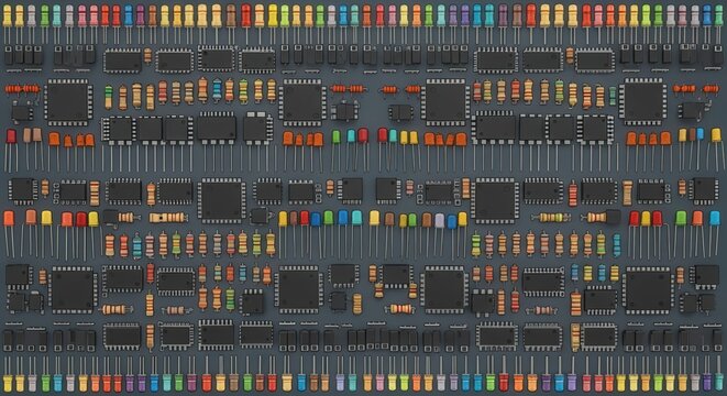 Electronic components including integrated circuits and colorful light emitting diodes are arranged in neat rows on a gray background.