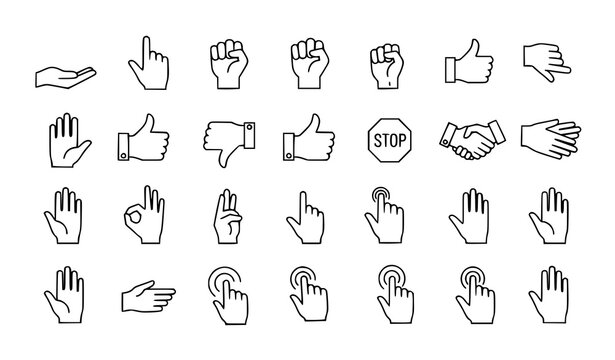 Hand gesture outline icons set with pointing thumbs handshake and swipe vector illustration