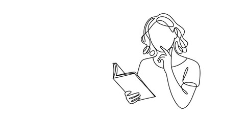 Continuous line drawing of a pensive woman reading an open book with her hand on her chin © Graphics Art