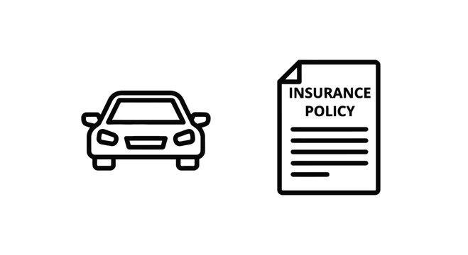 Automobile insurance policy icons representing car protection coverage and legal agreement documents in a clean linear style with insurance, protection