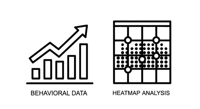 Behavioral data chart with growth arrow and heatmap analysis grid icons representing user research and statistics behavioral analysis statistics research