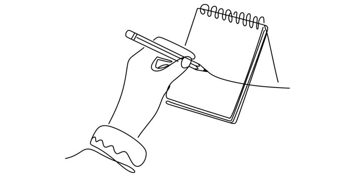 A single continuous line drawing of a hand holding a pencil and writing on a spiral bound notepad