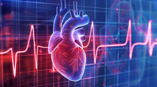 Detailed medical illustration of cardiac arrhythmia showing abnormal heart rhythm, irregular heartbeat, ECG/EKG waveform comparison, atrial fibrillation, ventricular tachycardia, bradycardia, 