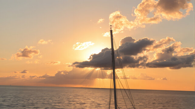 Sonnenuntergang auf See mit Schiffsmast