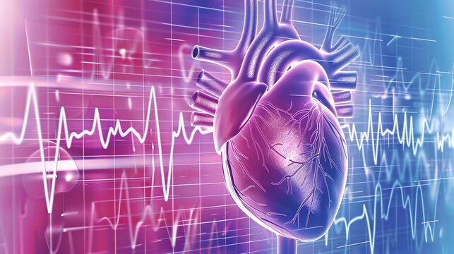 Detailed medical illustration of cardiac arrhythmia showing abnormal heart rhythm, irregular heartbeat, ECG/EKG waveform comparison, atrial fibrillation, ventricular tachycardia, bradycardia, 