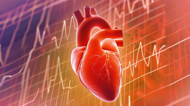 Detailed medical illustration of cardiac arrhythmia showing abnormal heart rhythm, irregular heartbeat, ECG/EKG waveform comparison, atrial fibrillation, ventricular tachycardia, bradycardia, 