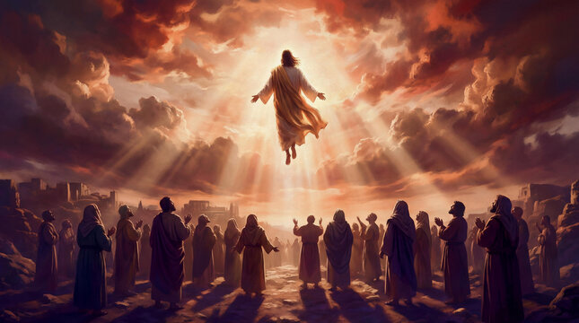 Jesus Christ ascends to heaven, witnessed by awe-struck disciples. A powerful biblical scene depicting the Ascension with divine light