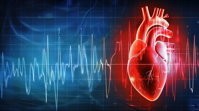 Detailed medical illustration of cardiac arrhythmia showing abnormal heart rhythm, irregular heartbeat, ECG/EKG waveform comparison, atrial fibrillation, ventricular tachycardia, bradycardia, 
