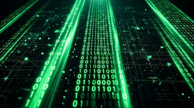 A futuristic digital landscape with green binary code streaming down a dark background