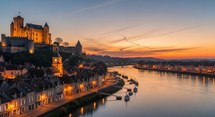 Obraz premium Ancient castle overlooks tranquil river town at vibrant sunrise