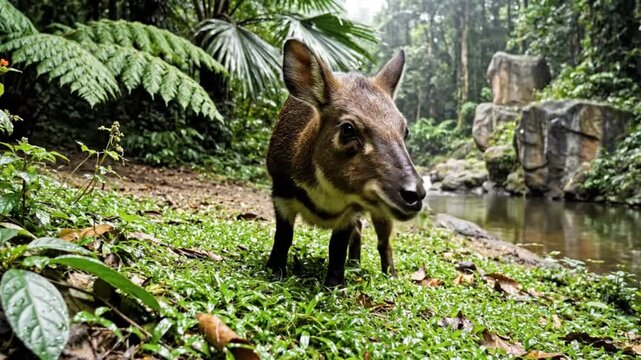 Small chevrotain deer grazing on lush green grass near a tranquil stream and rocky banks in a tropical rainforest