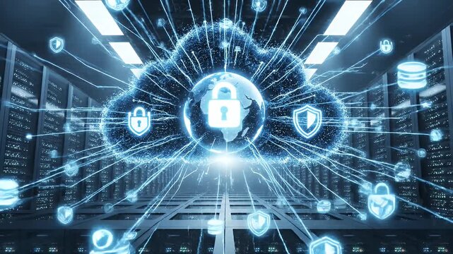 Cloud Security in a Data Center Environment - The video depicts a digital visualization of cloud security, featuring a large cloud icon with padlock and shield symbols representing protection and