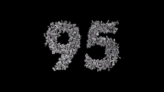 Number 95 Formed by Small Digits Animation with Alpha Channel. Typographic Number Formation Effect. Digital Number Made of Numbers. 3D Font Typographic Animation. Transparent Background