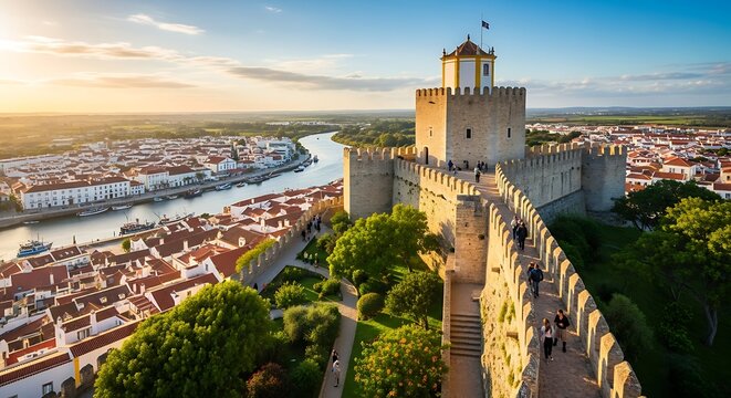 Ancient castle ramparts overlook a sun-drenched town and meandering river at dusk