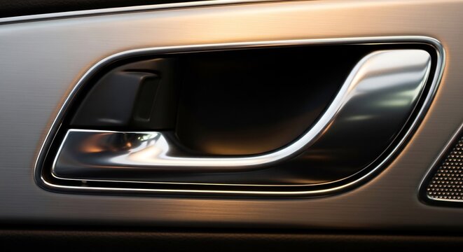 Close up of a luxury car door handle with chrome accents.