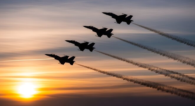 Four military jets flying in formation during a beautiful sunset