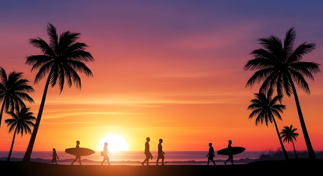 Silhouette of people walking on beach with palm trees at sunset