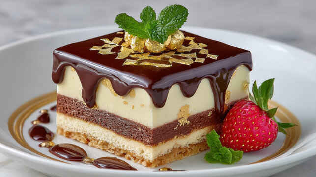 Elegant plated opera cake with gold and geometric chocolate decoration
