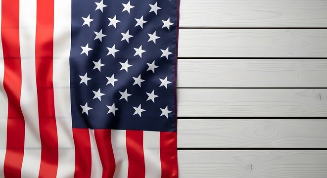 American flag hanging on white wooden wall with horizontal planks