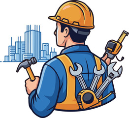 Fototapeta premium A construction worker with tools and a cityscape in the background