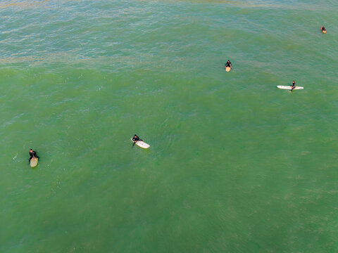 Aerial view of surfers dotted across the vast turquoise ocean, their boards like tiny islands in the shimmering expanse, Burgh Island, England, United Kingdom.