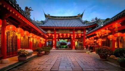 Naklejka premium Ornate Chinese Architecture with Red Lanterns and Traditional Design.