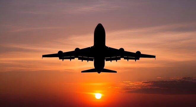 Silhouette of an airplane flying towards the sunset in the sky