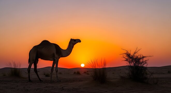 Silhouette of a camel standing in the desert at sunset with orange sky