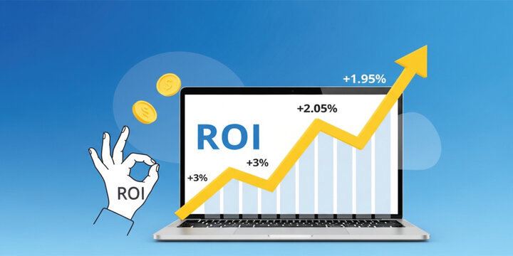 ROI Growth Concept with Laptop Chart Rising Arrow Coins and Return on Investment Business Finance Vector Illustration