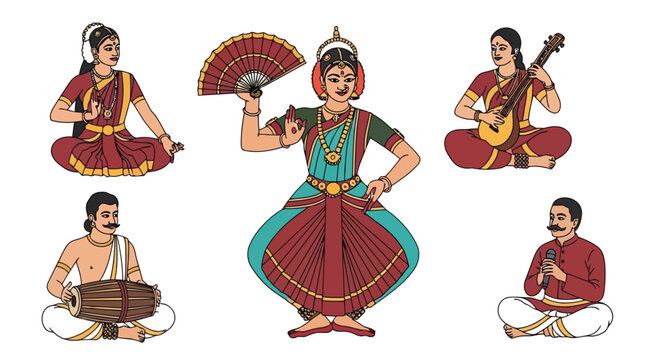 Traditional Indian classical dance and music ensemble performers vector illustration