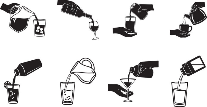 Pouring drinks into glasses a simple black graphic silhouette. Pouring drinks into glasses vector illustration.