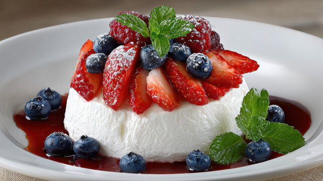 Modern plated pavlova dessert topped with structured meringue shards and elegant presen...