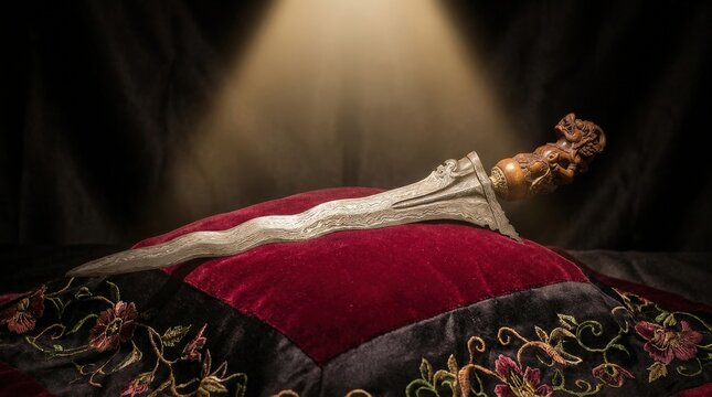 Ornate Keris Dagger with Wavy Blade and Intricate Handle on Velvet Display