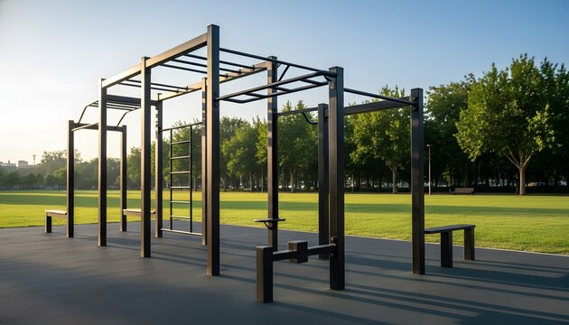 Outdoor gym structure in public space with pull-up bars and workout equipment in a city park for a fitness and healthy lifestyle concept during golden hour