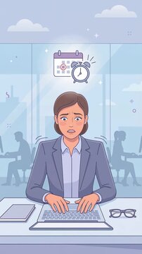 Stressed Businesswoman Working on Laptop With Clock and Calendar Icons Above Head in Office, Deadline Pressure, Time Management Stress, Work Urgency, Flat Illustration Vertical Video