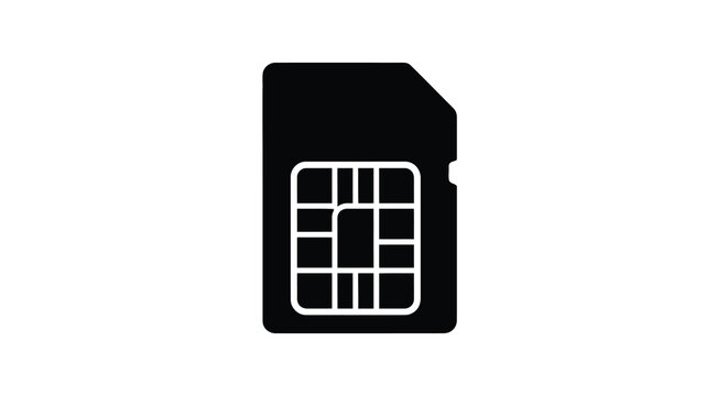 A simple black silhouette depicts a standard microsd card commonly used for data storage high quality