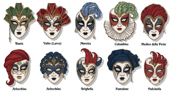 Set of ten traditional Venetian carnival masks with ornate details and feathers