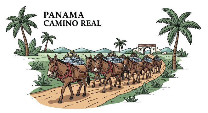 Panama Camino Real historical route with mules carrying gold crates through tropical landscape