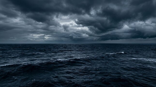 A dark and stormy ocean with choppy waves under a cloudy sky