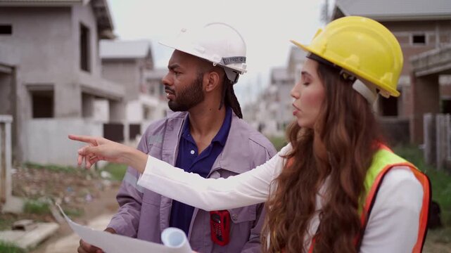 Diverse contractors discussing house plans at construction site