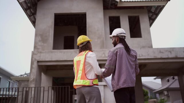 Diverse contractors discussing house plans at construction site