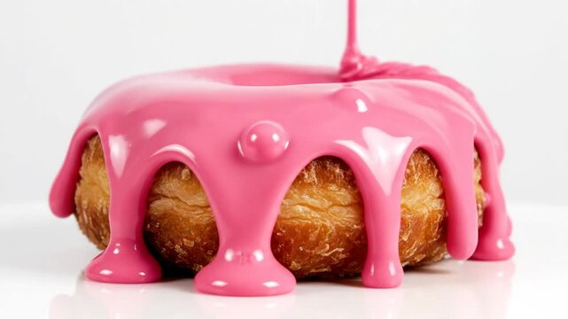 Delicious pink glaze is poured onto a golden donut, showcasing a mouthwatering, sweet treat for enjoyment.