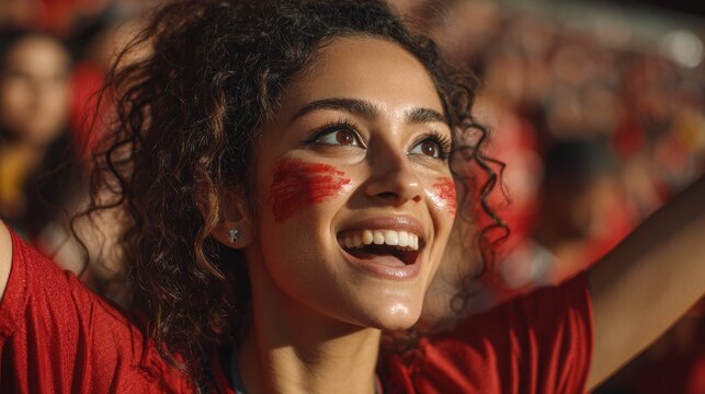 Euphoric woman in a football stadium with her face painted with the colors of the Moroccan flag, cheering and supporting her team.