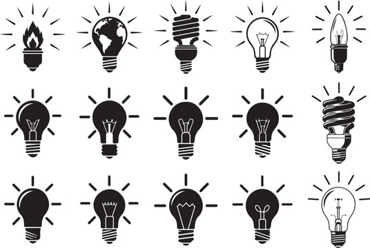Lightbulbs emitting rays a stark black graphic silhouette. Lightbulbs emitting rays vector illustration.