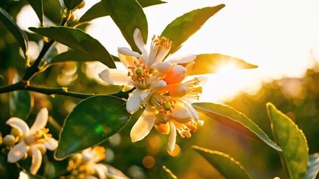 Close up view of orange blossoms on a tree with bright sunlight shining through the petals for a peaceful and serene scene